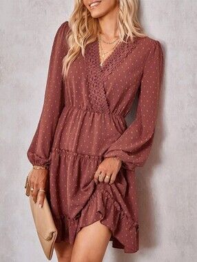 Elings Women's Pink Swiss Dot Long-Sleeve V-Neck Dress Women Size S